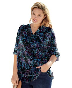 �E�[�}�� �E�B�Y�C�� ���f�B�[�X �g�b�v�X �V���c �v���X�T�C�Y Woman Within Women's Plusize Rayon 7-Day Three-Quarter Sleeve Tab-Frontunic Top Black multi batik �u���b�N