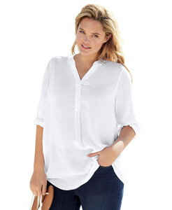 �E�[�}�� �E�B�Y�C�� ���f�B�[�X �g�b�v�X �V���c �v���X�T�C�Y Woman Within Women's Plusize Rayon 7-Day Three-Quarter Sleeve Tab-Frontunic Top White �z���C�g