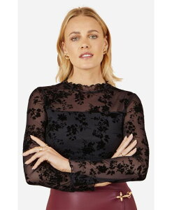 ���~�L�� ���f�B�[�X �g�b�v�X �V���c �t�����[�� ���b�V�� �t�����[ Yumi Women's Flocked Floral Stretch Mesh Top Black �u���b�N