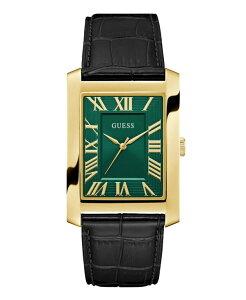 �Q�X �����Y �A�N�Z�T���[ �r���v ���U�[ GUESS Men's Gold-Tone Black Leather Analog Watch 34mm Gold �S�[���h