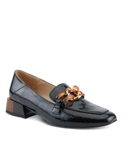 �A�Y�[�� ���f�B�[�X �V���[�Y �p���v�X ���U�[ ���[�t�@�[ �q�[�� Azura Women's Baldwin Patent Leather Loafers with Croco Texture Gold Lucite Chain Bit Faux Wood Heel and Cushioned Insole Slip-Ons for Everyday Black patent �u��