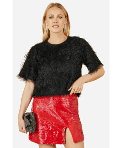 ���~�L�� ���f�B�[�X �g�b�v�X �V���c �����b�N�X�t�B�b�g �t�����W Yumi Women's Lurex Fringe Relaxed Fitop Black �u���b�N
