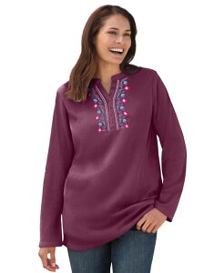 �E�[�}�� �E�B�Y�C�� ���f�B�[�X �g�b�v�X �V���c �v���X�T�C�Y �h�J Woman Within Women's Plusizembroidered Thermal Henley Tee Deep claret vinembroidery