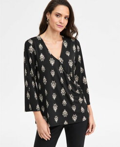 �W�F�C�G���R���N�V���� ���f�B�[�X �g�b�v�X �V���c �v�����g JM Collection Women's Printed 3/4-Sleeve Surplice Top Deep Black Combo �u���b�N
