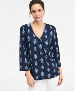 �W�F�C�G���R���N�V���� ���f�B�[�X �g�b�v�X �V���c �v�����g JM Collection Women's Printed 3/4-Sleeve Surplice Top Intrepid Blue Combo �u���[