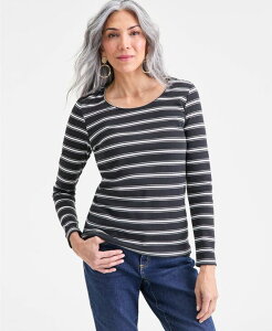 �X�^�C���A���h�R�[ ���f�B�[�X �g�b�v�X �V���c ���� Style & Co Women'scoop-Neck Long-Sleeve Scoop-Neck Top Deep Black Combo �u���b�N