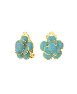�u�����O ���f�B�[�X �A�N�Z�T���[ �s�A�X�E�C�������O Bling Jewelry Retro Enamel Rose Flower Clip On Earrings Button Style For Non Pierced Ears Gold Plated Brass Aqua �A�N�A