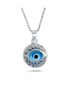 �u�����O ���f�B�[�X �A�N�Z�T���[ �l�b�N���X�E�`���[�J�[�E�y���_���g�g�b�v ���[�X Bling Jewelry Spiritual Protection Amulet Round Circle Moving Floating Bluevil Eye Filigree Charm Pendant Necklace Sterling Light blue 