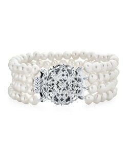 �u�����O ���f�B�[�X �A�N�Z�T���[ �u���X���b�g�E�o���O���E�A���N���b�g Bling Jewelry Antique Art Deco Style Wide Statement Four Multi Strand White Freshwater Cultured Pearl Bracelet Silver Plated Brass 7.5 White �z���C�g