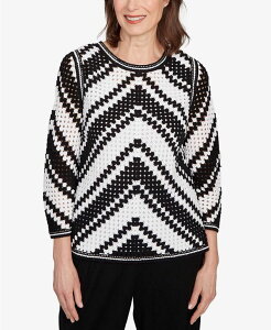 �A���t���b�h �_�i�[ ���f�B�[�X �g�b�v�X �V���c �N���[�l�b�N �v�` Alfredunner Petite Santa Barbara Chevron Crochet Bell Sleeve Crew Neck Top Black �u���b�N