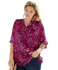 �E�[�}�� �E�B�Y�C�� ���f�B�[�X �g�b�v�X �V���c �v���X�T�C�Y Woman Within Women's Plusize Rayon 7-Day Three-Quarter Sleeve Tab-Frontunic Top Deep claret batik