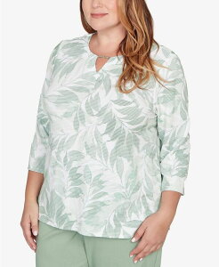 �A���t���b�h �_�i�[ ���f�B�[�X �g�b�v�X �V���c �v���X�T�C�Y �v�����g Alfredunner Plusize St. Augustine Monotone Leaf Print Split Neck Top Celery