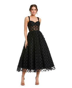 �}�b�N�_�K�� ���f�B�[�X �g�b�v�X �����s�[�X �h�b�g�� A ���C�� �h�b�g �v�` �~�f�B Mac Duggal Petite Polka Dot Net Bustier A-Line Midi Dress Black �u���b�N