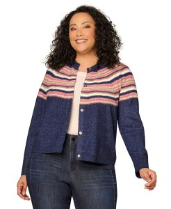 �f���N���V�[ ���f�B�[�X �A�E�^�[ �j�b�g�E�Z�[�^�[ �v���X�T�C�Y Democracy Plusize Striped Round Neck Sweater Navy Raspberry Mutli �l�C�r�[