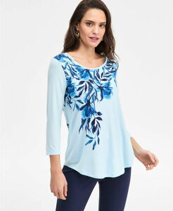 �W�F�C�G���R���N�V���� ���f�B�[�X �g�b�v�X �V���c �v�` JM Collection Petite Christa Cascade 3/4-Sleeve Scoop Neck T-Shirt Soft Sky Blue Combo �u���[