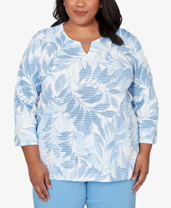 �A���t���b�h �_�i�[ ���f�B�[�X �g�b�v�X �V���c �v���X�T�C�Y �v�����g Alfredunner Plusize St. Augustine Monotone Leaf Print Split Neck Top Wedgewood