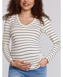 �}�U�[�t�b�h�}�^�j�e�B�[ ���f�B�[�X �g�b�v�X �V���c V�l�b�N �M���U�[ Motherhood Maternity Motherhood V-Neck Side-Ruched Long Sleeve Tee Antique white with black stripes �z���C�g