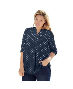 �E�[�}�� �E�B�Y�C�� ���f�B�[�X �g�b�v�X �V���c �v���X�T�C�Y Woman Within Women's Plusize Rayon 7-Day Three-Quarter Sleeve Tab-Frontunic Top Navy dot �l�C�r�[