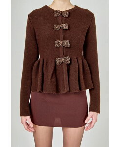 �G���h���X���[�Y ���f�B�[�X �A�E�^�[ �j�b�g�E�Z�[�^�[ �J�[�f�B�K�� endless rose Women's Bow Trim Flared Cardigan Brown �u���E��
