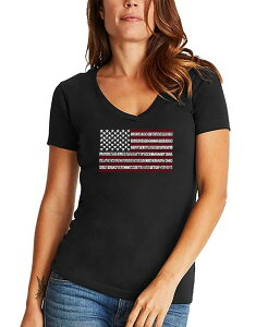 �G���G�[�|�b�v�A�[�g ���f�B�[�X �g�b�v�X �V���c V�l�b�N LA Pop Art Women's 50 States USA Flag Word Art V-neck T-shirt Black �u���b�N