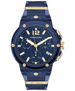�t�F���K�� �����Y �A�N�Z�T���[ �r���v Ferragamo Men'swiss Chronograph F-80 Translucent Blue Polyurethane Strap Watch 44mm Blue �u���[