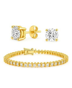 �u�����O ���f�B�[�X �A�N�Z�T���[ �u���X���b�g�E�o���O���E�A���N���b�g Bling Jewelry Round CZ Tennis Bracelet & Solitaire Stud Earrings Jewelry Set GoldPlated Sterlingold set �S�[���h