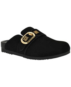 �Q�X ���f�B�[�X �V���[�Y �X���b�|���E���[�t�@�[ GUESS Womens Galavanta Buckle Slip-On Flat Clogs Black Suede �u���b�N