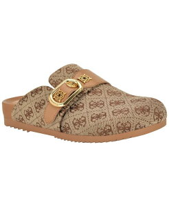 �Q�X ���f�B�[�X �V���[�Y �X���b�|���E���[�t�@�[ GUESS Womens Galavanta Buckle Slip-On Flat Clogs Brown Jaquard Logo �u���E��