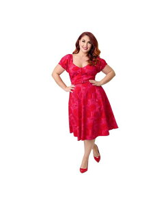 ���j�[�N�r���e�[�W ���f�B�[�X �g�b�v�X �����s�[�X �v���X�T�C�Y Unique Vintage Plusize 1960s Ohara Sweetheart Neckline Swing Dress Red & pink floral print ���b�h