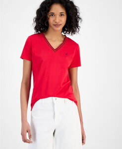 �y���������z �i�E�e�B�J ���f�B�[�X �V���c �g�b�v�X Women's Solid Stripe-Trim V-Neck Regatta Red