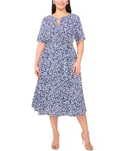 �y���������z �~�X�N ���f�B�[�X �����s�[�X �g�b�v�X Plus Size Printed Ring Short-Sleeve Midi Dress Denim