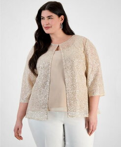 �y���������z �A���b�N�X�C�u�j���O�X ���f�B�[�X �V���c �g�b�v�X Plus Size Embellished 3/4-Sleeve Jacket & Sleeveless Top Set Taupe