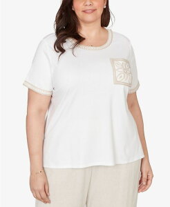 �y���������z �A���t���b�h �_�i�[ ���f�B�[�X T�V���c �g�b�v�X Plus Size Natural Wonder Crochet Pocket Short-Sleeve T-Shirt White