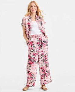�y���������z �X�^�C���A���h�R�[ ���f�B�[�X �J�W���A���p���c �{�g���X Women's Printed Cotton Gauze Straight-Leg Pull-On Pants Pink Floral