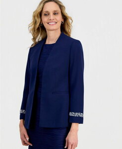 �y���������z �J�X�p�[�� ���f�B�[�X �W���P�b�g�E�u���]�� �A�E�^�[ Women's Stretch Crepe Collarless Embellished Bracelet-Sleeve Jacket Kasper Navy
