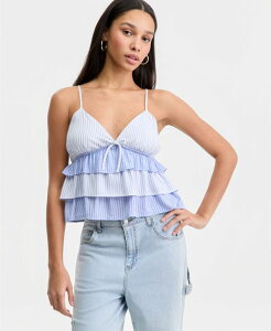 �y���������z �}�b�f���K�[�� ���f�B�[�X �V���c �g�b�v�X Juniors' Striped Ruffled Sleeveless Top Blue Stripe