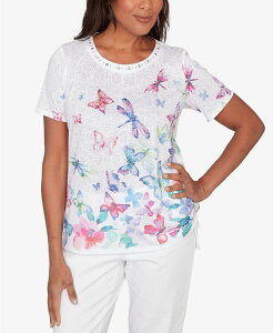 �y���������z �A���t���b�h �_�i�[ ���f�B�[�X T�V���c �g�b�v�X Women's Crew Neck Butterfly Beaded Side Tie Ruched T-Shirt White Multi