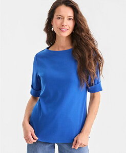 �X�^�C���A���h�R�[ ���f�B�[�X �g�b�v�X �V���c �R�b�g�� Style & Co Women's Boat-Neck Elbow Sleeve Cotton Top Exclusively at Macy's Galaxy Blue �u���[