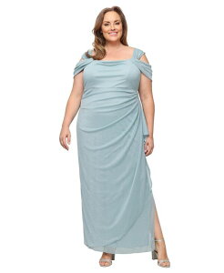 �A���b�N�X�C�u�j���O�X ���f�B�[�X �g�b�v�X �����s�[�X �h���[�v �g�[�� Alex Evenings Cold-Shoulder Draped Metallic Gown Ice Sage �Z�[�W