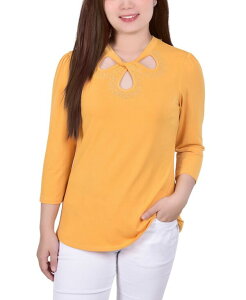 �j���[���[�N�R���N�V���� ���f�B�[�X �g�b�v�X �V���c �N���[�v�` �j�b�g NY Collection Petite 3/4 Sleeve Knit Crepe Studded Keyhole Top Golden Glow