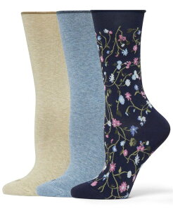 �q���[ ���f�B�[�X �A���_�[�E�F�A �C�� Hue Women's Roll Top Socks 3-Pk U6487MP Navy Ditsy Pack �l�C�r�[