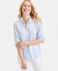 �X�^�C���A���h�R�[ ���f�B�[�X �g�b�v�X �V���c �h�J Style & Co Women'striped Embroidered Perfect Shirt Macy's Exclusive Blue Stripe �u���[