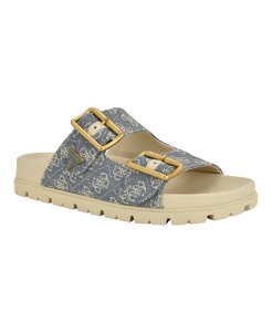 �Q�X ���f�B�[�X �V���[�Y �T���_�� GUESS Women's Fasten Double-Buckle Footbed Sandals Blue/Light Naturalogo �u���[