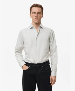 �}���S �����Y �g�b�v�X �V���c �R�b�g�� MANGO Men's Cotton Slim-Fit Striped Shirt Light Heather Gray �O���[