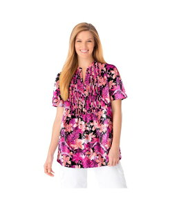 �E�[�}�� �E�B�Y�C�� ���f�B�[�X �g�b�v�X �V���c �v���X�T�C�Y Woman Within Plusize Pintucked Half-Button Tunic Black coral hibiscus �u���b�N