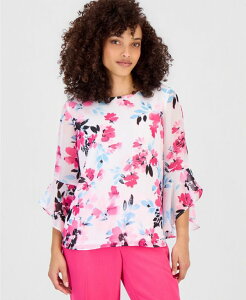�J�X�p�[�� ���f�B�[�X �g�b�v�X �V���c �t�����[�� �v�` �t���� �u���E�X �t�����[ Kasper Petite Floral 3/4-Sleeve Ruffled-Cuff Blouse Lily White Multi �z���C�g