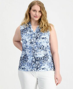 �A���N���C�� ���f�B�[�X �g�b�v�X �V���c V�l�b�N �v���X�T�C�Y �v�����g Anne Klein Plusize Printed Triple-Pleat V-Neck Top Crisp White Multi �z���C�g
