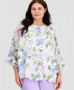 �J�X�p�[�� ���f�B�[�X �g�b�v�X �V���c �v���X�T�C�Y �v�����g �t���� �u���E�X Kasper Plusize Printed Ruffled-Sleeve Blouse Lily White Multi �z���C�g