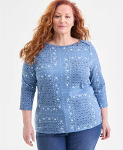 �X�^�C���A���h�R�[ ���f�B�[�X �g�b�v�X �V���c �v�����g �R�b�g�� Style & Co Women's Printed Pima Cotton 3/4 Sleeve Boat-Neck Top Macy's Exclusive Militia Blue Combo �u���[