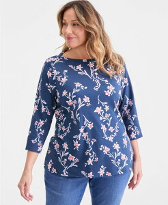 �X�^�C���A���h�R�[ ���f�B�[�X �g�b�v�X �V���c �v�����g �R�b�g�� Style & Co Women's Printed Pima Cotton 3/4 Sleeve Boat-Neck Top Macy's Exclusive Industrial Blue Combo �u���[